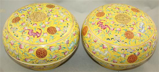 A pair of Chinese famille rose yellow ground boxes and covers, second half 19th century, 24.5cm diam.